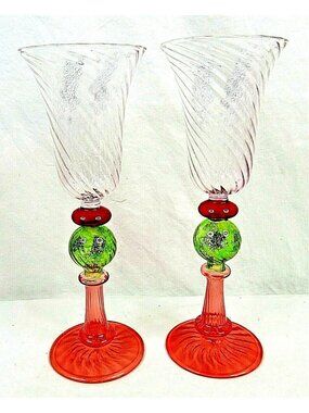Blown Glass Goblet Set Handcrafted Spiral Design Multicolor Accents